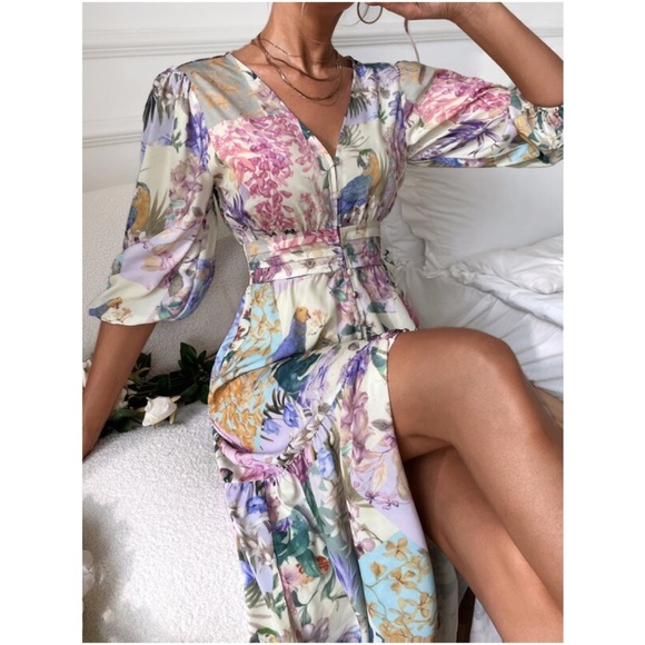 Boho Pink Floral Print Button up Ruffle Midi Dress - Picture 2 of 6